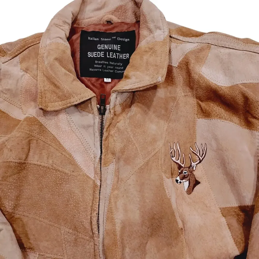 VTG Genuine Suede Leather Coat Jacket Italian Stone Design SZ Med Embroider Deer